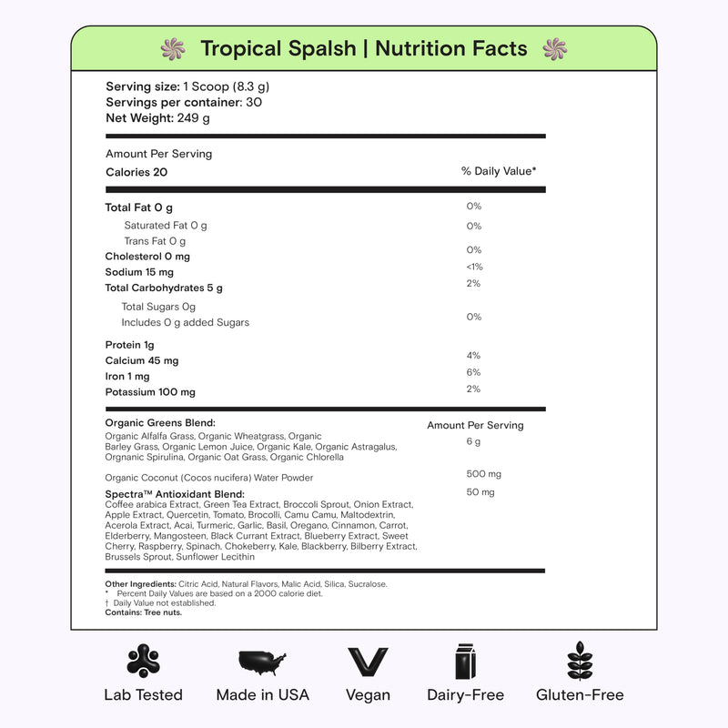 [Australia] - Kiala Nutrition Super Greens, Organic Greens Powder with Spirulina & Chlorella for Digestion, Gut Health, Immunity, Energy, Gluten Free, Vegan, Sugar Free, Spectra Blend, Tropical Splash, 30 Servings 