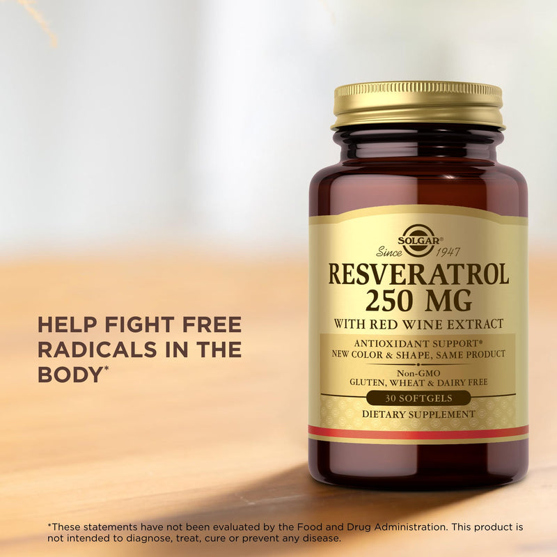 Solgar Resveratrol 250 mg with Red Wine Extract - 30 Softgels - Antioxidant Support - Non-GMO, Gluten Free, Dairy Free - 30 Servings | Supports Cardiovascular Health, Sourced from Premium Japanese Knotweed - Daily Food Supplement - Vegan Formula