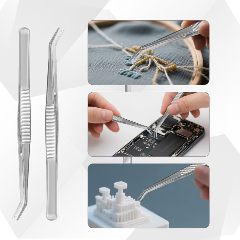 12 Pcs Stainless Steel Tweezers Multipurpose Sewing Machine Forceps Bulk with Curved Serrated Tip for Crafting (Silver)