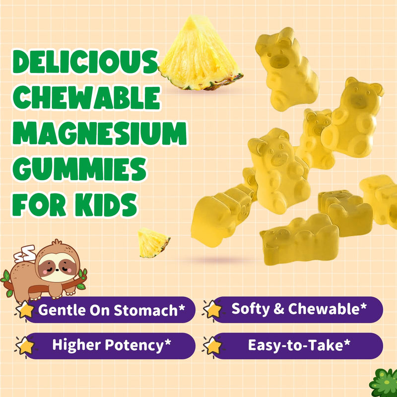 2 Pack Magnesium Glycinate Gummies for Kids - Magnesium Gummies with Vitamin D3, B6, Potassium & Ashwagandha for Kids & Adults Relaxation, Sleep, Brain & Bone Health -Sugar Free Pineapple Flavor 60 ct 60 Count (Pack of 2)