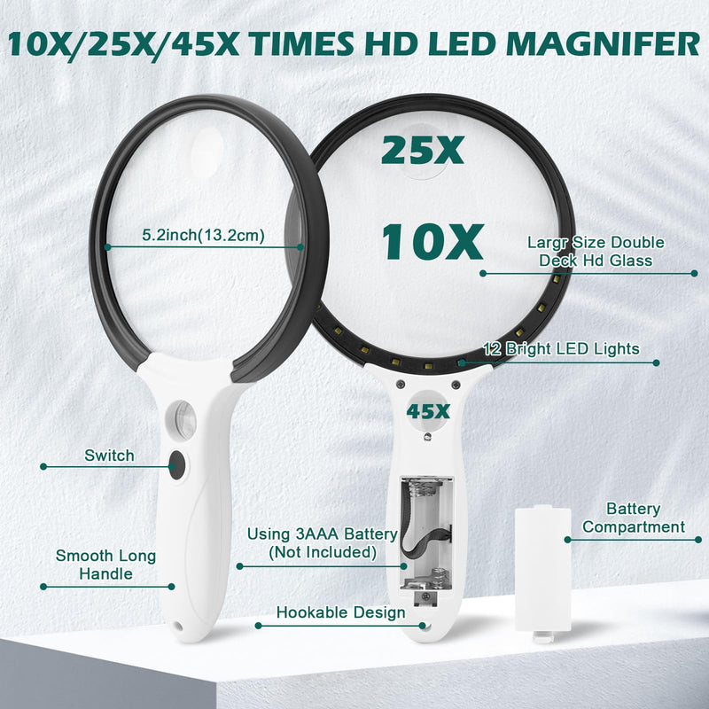 [Australia] - Large Magnifying Glass with Light, 10X 25X 45X Handheld Illuminated Magnifier with 3 Light Modes, 12 LED Lights, Storage Bag, Clean Cloth for Seniors Reading Coins Inspection (Black, Round) Black 