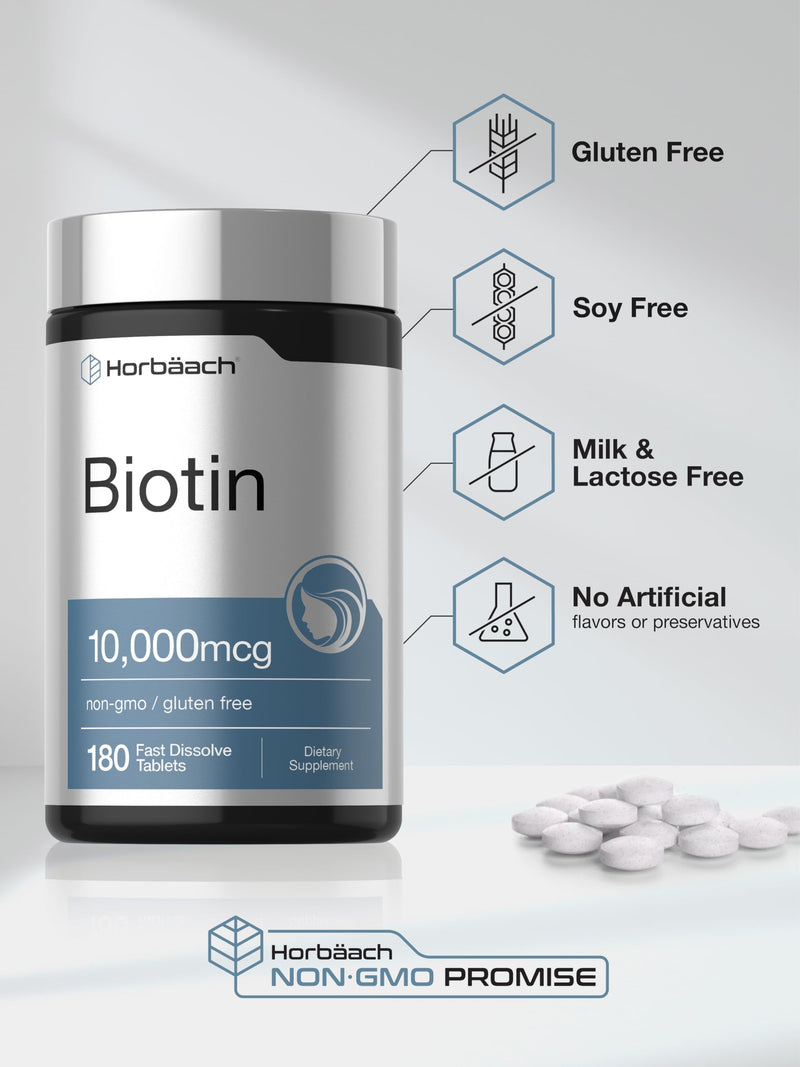 Horbäach Biotin 10000mcg | 180 Fast Dissolve Tablets | for Women & Men | Beauty Supplement | Vegetarian, Non-GMO, Gluten Free