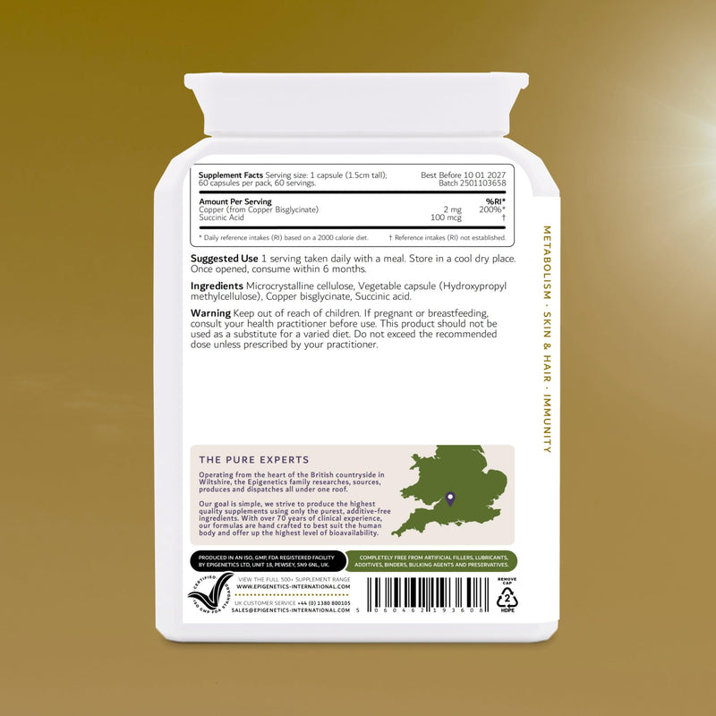 Copper SA | 2mg Copper Bisglycinate + Natural Succinic Acid Antioxidant | 60 Vegan Friendly Capsules UK Made | 1 Capsule Daily | Long 2 Month Supply by Epigenetics Supplements