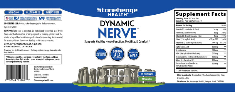 Stonehenge Health Dynamic Nerve Supplement - Supports Nerve Function in Fingers, Toes, Hands, and Feet with Alpha Lipoic Acid ALA, Benfotiamine, Pea, Robust B Complex, Boswellia