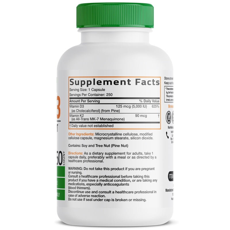 Bronson Vitamin K2+D3 Vegan 2 in 1 Support Vitamin K2 As MK-7, 250 Capsules | Vegan 2-in-1 Immune, Bone & Heart Health Support Formula, Gluten Free, Non GMO 250 Count (Pack of 1)