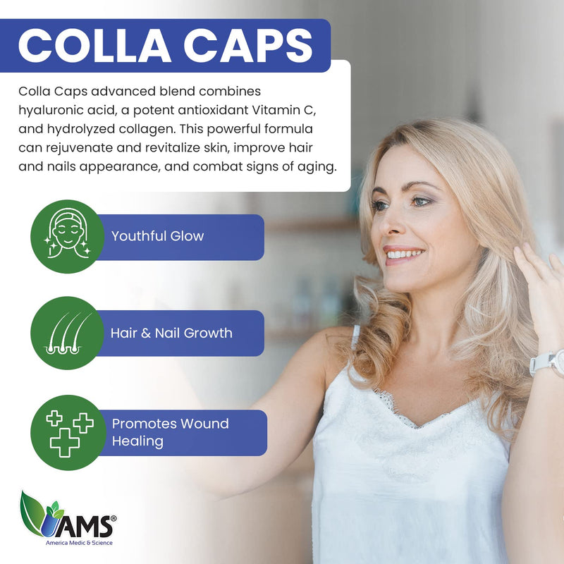 America Medic & Science Colla Caps (60 Caplets) | Collagen and Hyaluronic Acid Supplement with Vitamin C | for Men and Women | Repairs and Restores Skin Elasticity | Promotes Healthy Hair Growth 60 Count (Pack of 1)