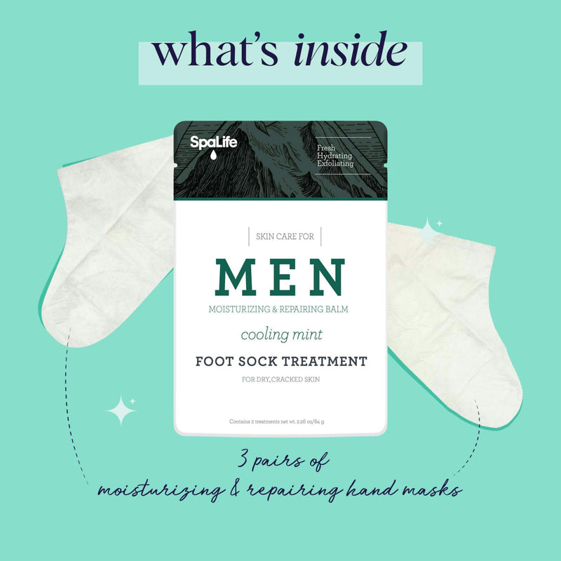 [Australia] - Spa Life Men's Cooling Mint Foot Repair Balm and Moisturizing Socks Set - Revitalizing Hydrating Foot Mask for Soothing Tired, Achy Feet and Softening Dry, Cracked Skin One Size Fits Most- 6 Pairs Foot Masks (6 Pack) 