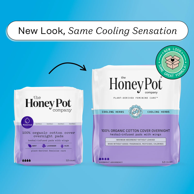 [Australia] - The Honey Pot Company - Herbal Pads for Women - Overnight Pads w/Wings - Infused w/Essential Oils for Cooling Effect & Organic Cotton Cover - Sanitary Pads - Feminine Care - FSA & HSA - 12 ct 12 Count (Pack of 1) Herbal Overnight 