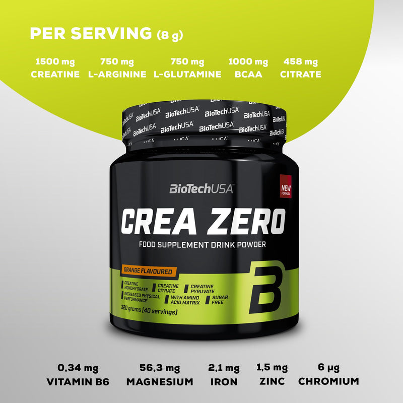 BioTechUSA Crea Zero | Sugar-Free Creatine Drink Powder | Added BCAAs, Vitamins, Minerals, 320 g, Orange