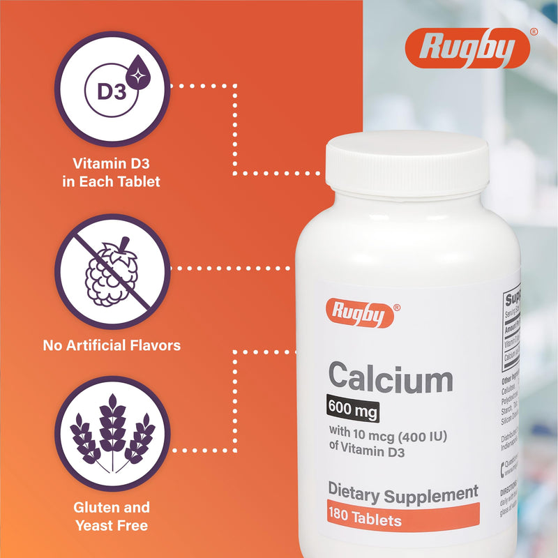 Rugby 600mg Calcium Tablets - Made with 10mcg (400IU) of Vitamin D3 - Dietary Supplement - 180 Count (2 Pack) 180 Count (Pack of 2)