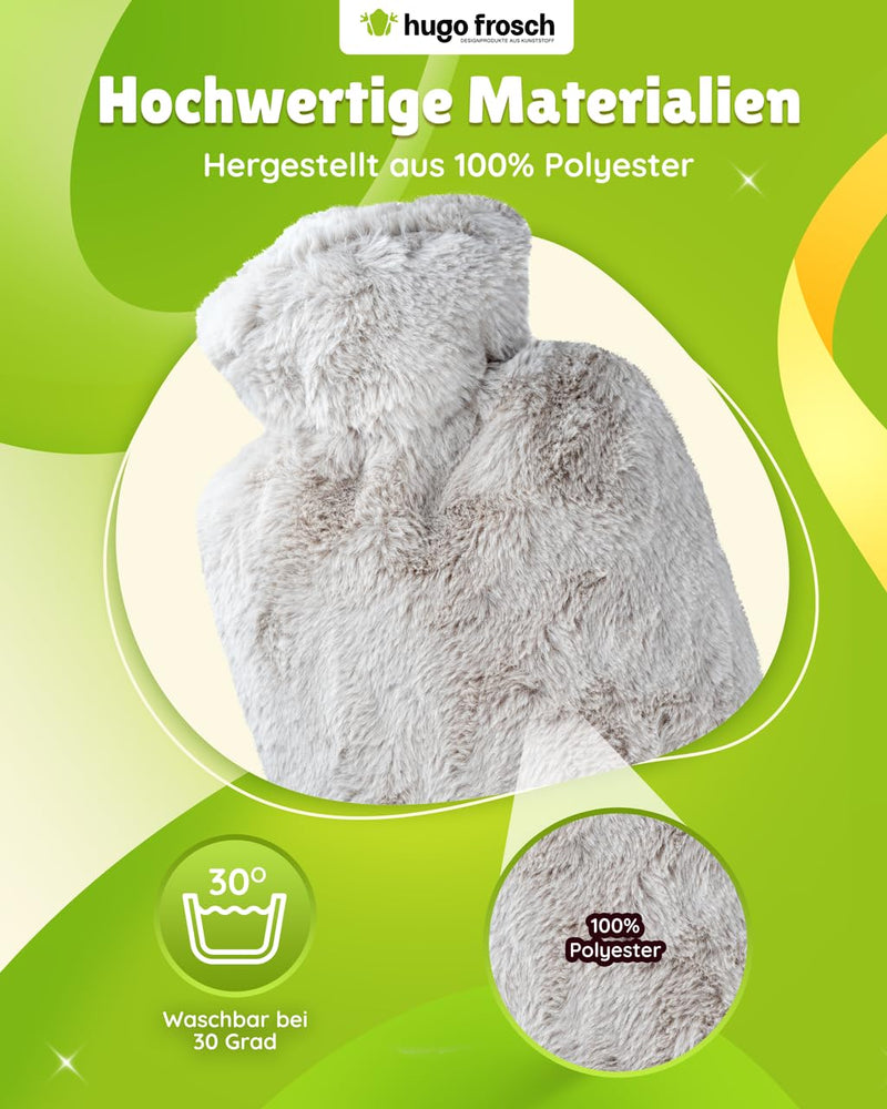 [Australia] - Hugo Frosch hot water bottle classic 1.8 l with long-hair fleece taupe cover 