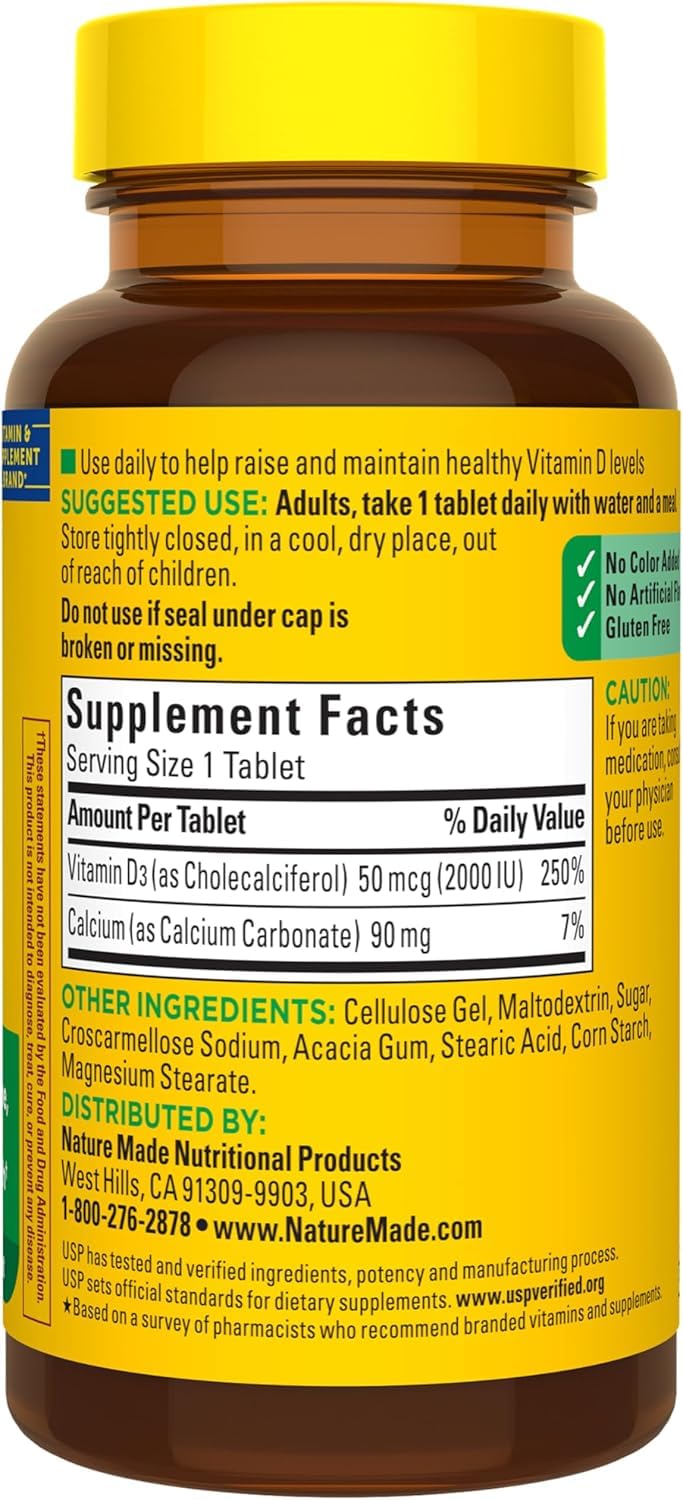 Vitamin D3, 100 Tablets, Vitamin D 2000 IU (50 mcg) Helps Support Immune Health, Strong Bones and Teeth, & Muscle Function, 250% of the Daily Value for Vitamin D in Only One Daily Tablet