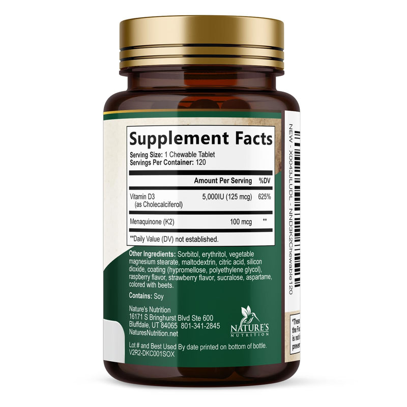 Vitamin D3 K2 Supplement | 5000 IU D3 + K2 100 mcg | MK-7 K2 with Vitamin D | Supports Immune, Heart, Teeth & Bone Health - Nature's Easy to Chew, VIT D3 K2, Non-GMO, Tasty Berry Flavor - 120 Tablets 120 Count (Pack of 1)
