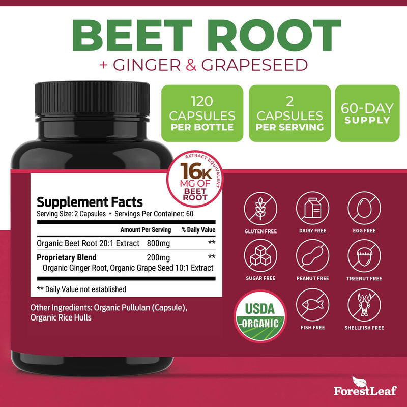 [Australia] - ForestLeaf Beet Root Capsules, 1000mg, 20:1 Extract, with Ginger, Grape Seed, Supports Blood Flow, Energy (120 Count (Pack of 1)) 120 Count (Pack of 1) 