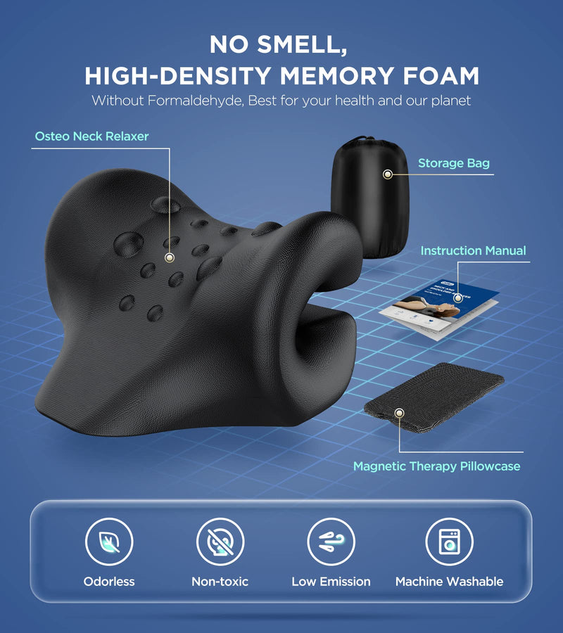 [Australia] - Osteo Neck Stretcher with Magnetic Therapy Cover, 2 Modes[Gentle/Strong] Pain Relief Cervical Traction Device, No Smell Neck and Shoulder Relaxer, Chiropractic Pillow for TMJ Headache Spine Alignment Black 