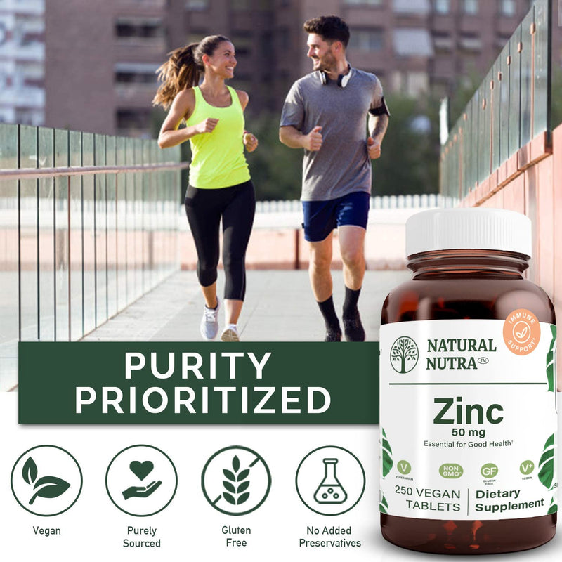 Natural Nutra Zinc Gluconate 50mg Supplement for Immune Support, Promotes Skin Health, Enhance Taste & Smell, Provides Ease from Cold & Flu, Boost Learning & Memory, Gluten Free 50mg 250 Vegan Tablets 250 Count (Pack of 1)