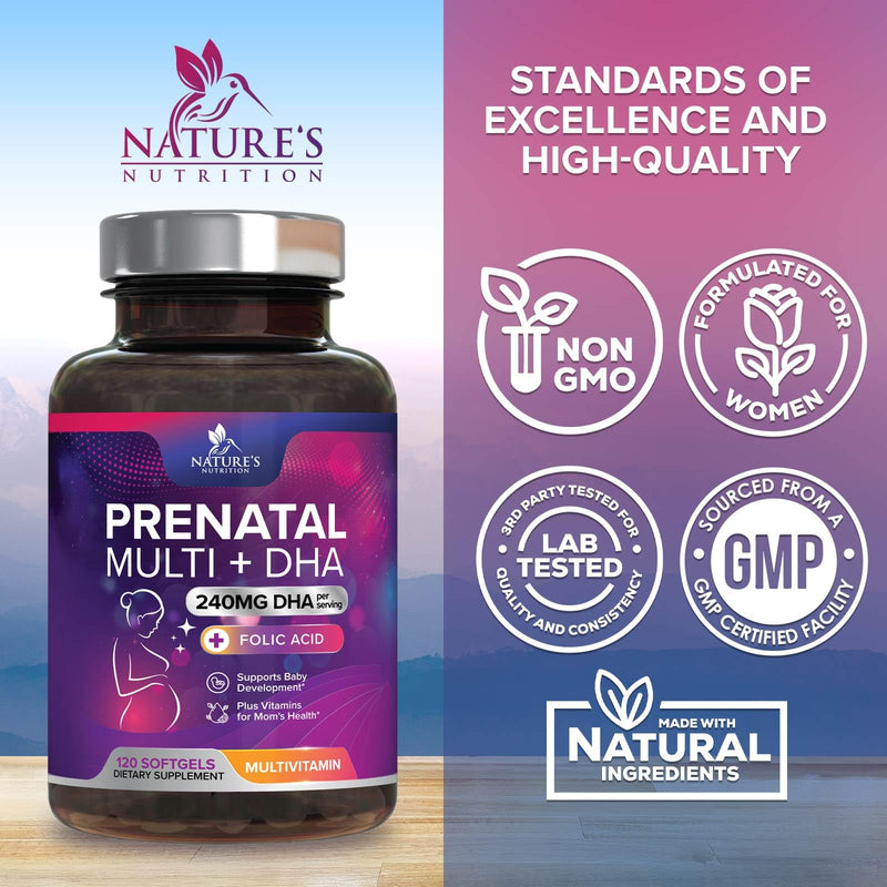 Prenatal Vitamins for Women with Folic Acid + Omega 3 DHA for Fetal Brain Development, Best Prenatal Vitamin Supplement, Daily Pregnancy Multivitamin Nutritional Support, Non-GMO - 120 Softgels 120 Count (Pack of 1)