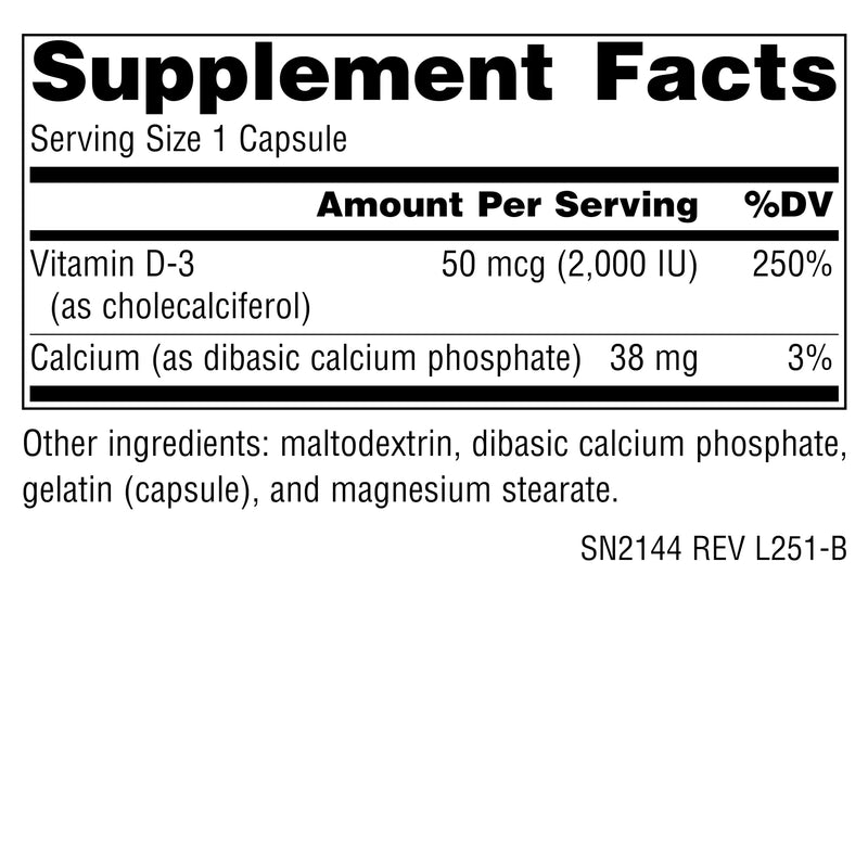 Source Naturals, Vitamin D-3, 50 mcg (2000 IU) - 200 Capsules | Bioactive Form for Bone & Immune Health 100 Count (Pack of 1)