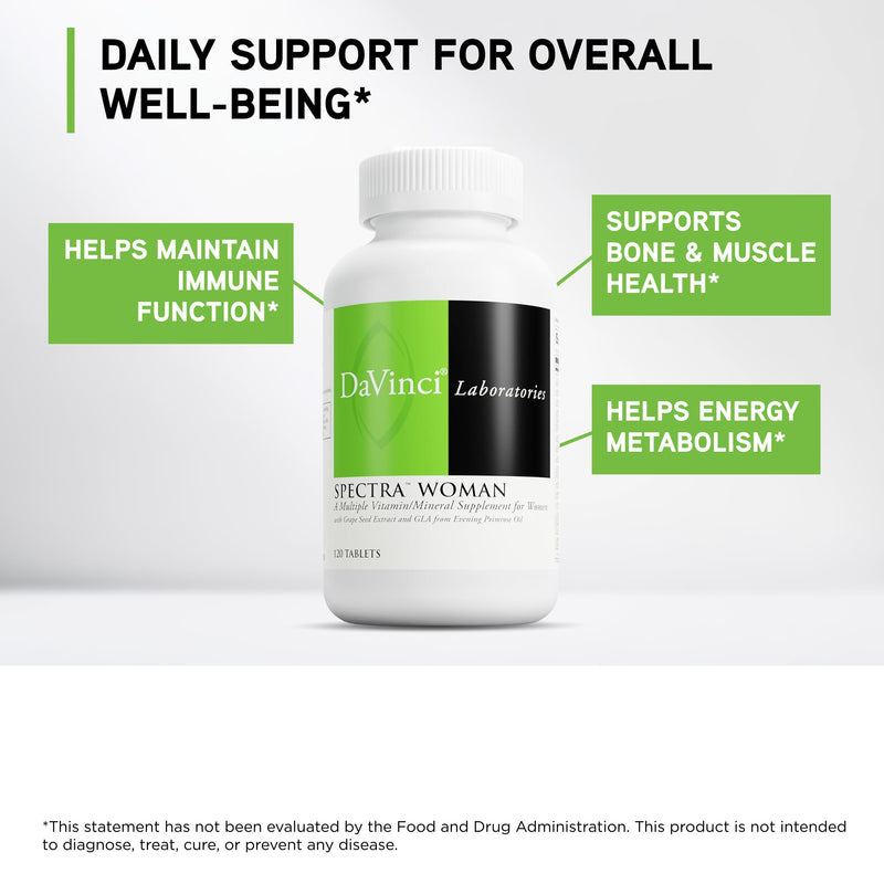 DaVinci Labs Spectra Woman - Dietary Supplement to Support Bone Health and Women's Needs - with Vitamins, Minerals, Calcium, Beta Carotene, L-Cysteine, Grape Seed Extract, and More - 120 Tablets 120 Count (Pack of 1)