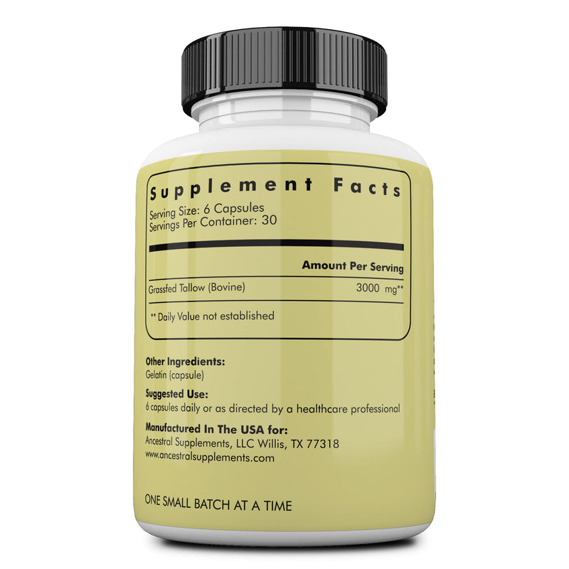 [Australia] - Ancestral Supplements Grass Fed Beef Tallow Capsules, 3000mg, Nourishing Kidney Fat Supplement Supports Bones, Teeth, Gums, Skin, Immune and Overall Health, Non-GMO, 180 Capsules 180 Count (Pack of 1) 