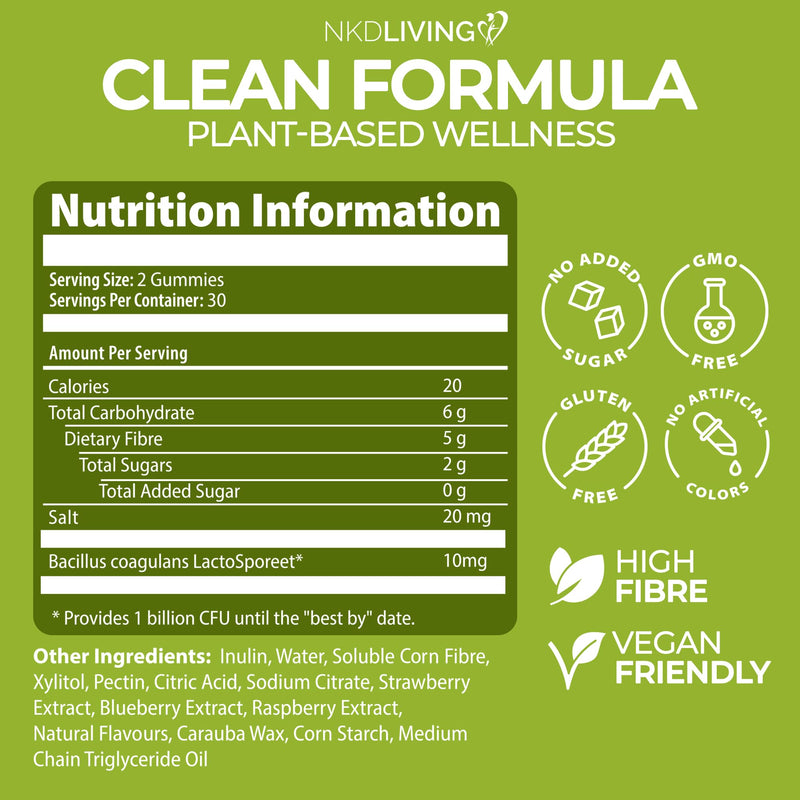 NKD Living High Fibre Inulin Gummies (60 Vegan Gummies) 5g of Fibre per Serving - with 1 Billion Live Cultures - Gut Health and Digestive System Support 1 count (Pack of 60)