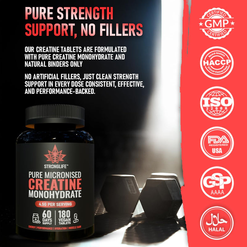Stronglife Creatine Tablets - 180-1500mg per Tablet, 4500mg Serving, 60-Day Supply, Monohydrate Micronised for Optimal Absorption, Muscle Growth, Performance, Energy Powder, Gummies
