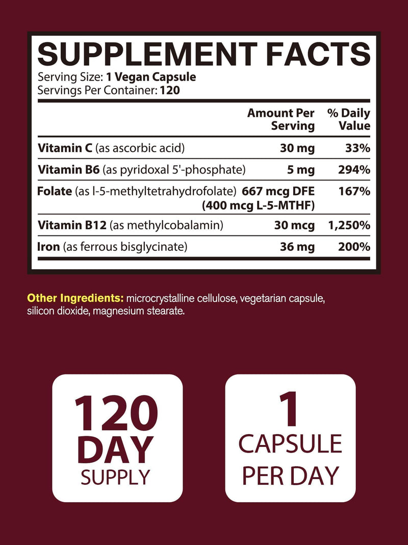Iron Supplement for Women & Men, Iron Bisglycinate with Vitamin C | Vitamin B6, B12, Folate, Stomach Friendly, Non-Constipating, Blood Health & Energy Boost, 120 Vegan Caps 120 Count (Pack of 1)
