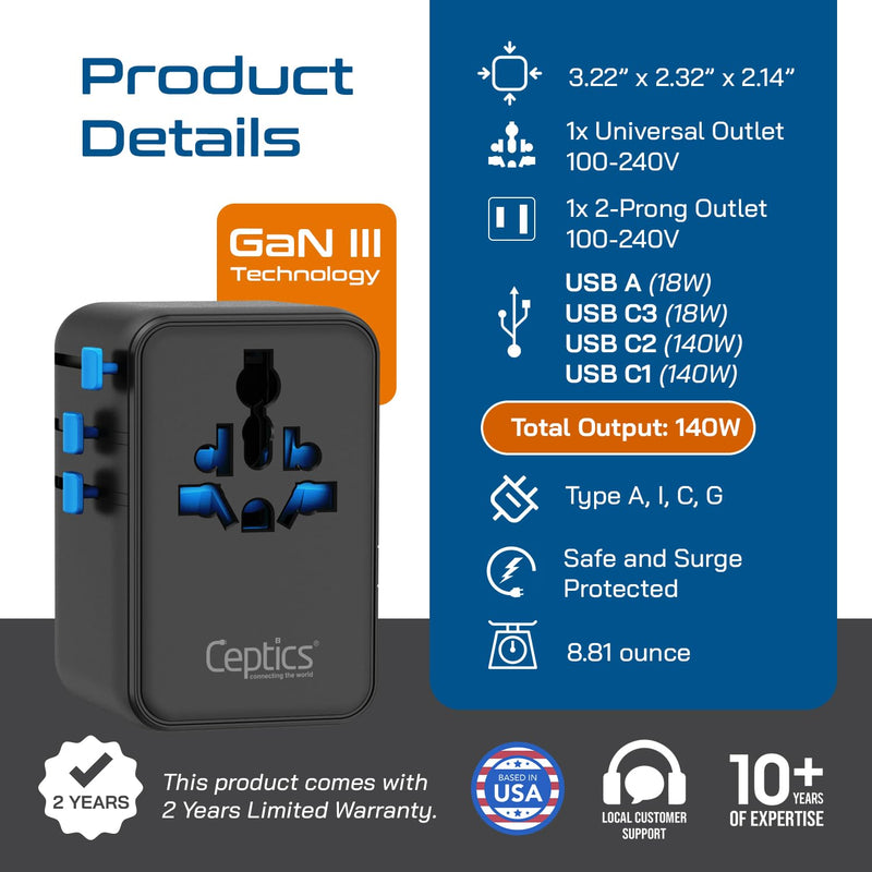 Ceptics 6 in 1 International Power Adapter with PD 140W USB-C, 1x USB-A, 3X Type C, Universal Input and 1x USA/JP Input with Type A, C, G, I Plug outlets for Global Travel – CE & RoHS Certified Black/Blue