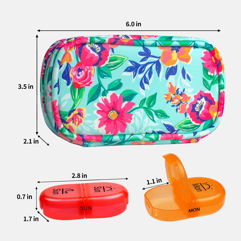 Serfeymi Weekly Travel Pill Organizer 2 Times a Day AM PM Rainbow Pill Box | Medicine Organizer with Portable Zipper PU Leather Pill Case,Pill Organizer 7 Day for Vitamins, Supplements，Pills - Green 01 B Pu Green 01 1 Set PU Case
