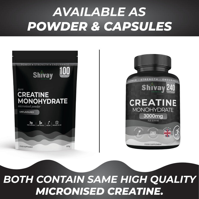 Creatine Monohydrate 240 Vegan Capsules – 3000mg per Serving | High Strength Pure Micronised Creatine | Muscle Strength, Power & Endurance - Made in UK by Shivay Herbals 240 Capsules