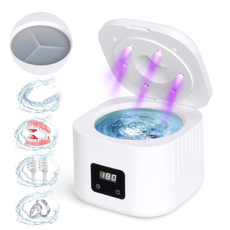 [Australia] - Retainer Ultrasonic Denture Cleaner Machine, 49kHz Dental Night Guard Cleaning Tablets Ultra Sonic Dental Tools for Aligner, Braces, Toothbrush Head & Jewelry with Digital Timer & 3 Mode White 