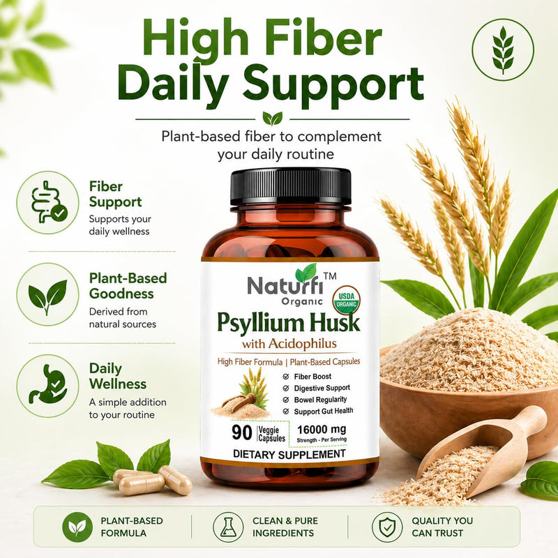 Naturfi Organic - Fibre Supplement 16,000 mg Psyllium Husk with Acidophilus - High Strength - Natural Soluble Fiber Supplement from Plantago Ovata Seeds, Vegan Capsules (270 Capsules (Pack of 3)) 270 Capsules (Pack of 3)