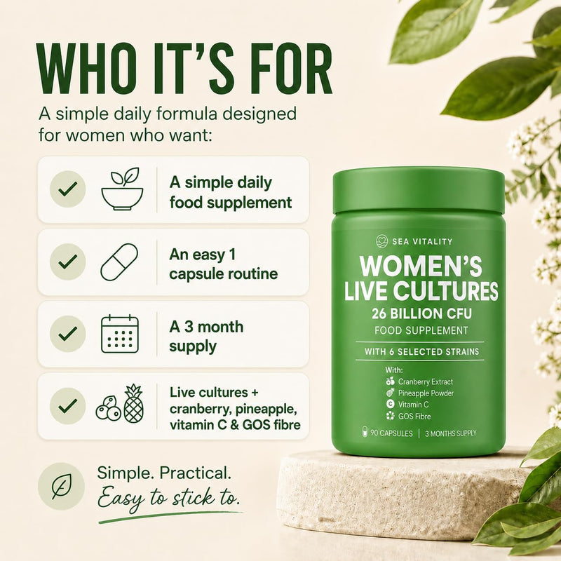 Women's Live Cultures Food Supplement - 26 Billion CFU, 6 Selected Strains with Cranberry Extract, Pineapple Powder, GOS & Vitamin C - 90 Capsules, 1-a-Day Formula for Women, 90 Day Supply 90 count (Pack of 1)