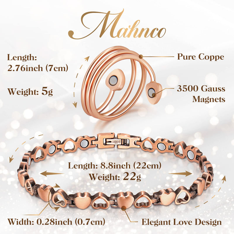 [Australia] - Magnetic Copper Bracelets for Women Lymph Detox Magnetic Bracelets, 100% Solid Pure Copper Bracelet with 3500 Gauss Magnets & Lymphatic Drainage Ring with Adjustment Tool Love Heart 
