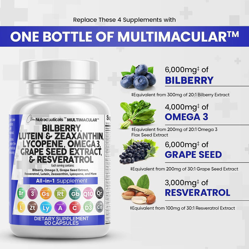 [Australia] - Eye Health Vitamins with Bilberry 6000mg Lutein & Zeaxanthin 40mg Lycopene 40mg Resveratrol 3000mg Grape Seed Extract 6000mg Omega 3 4000mg Astaxanthin - Eye Vitamin - 60 Capsules 