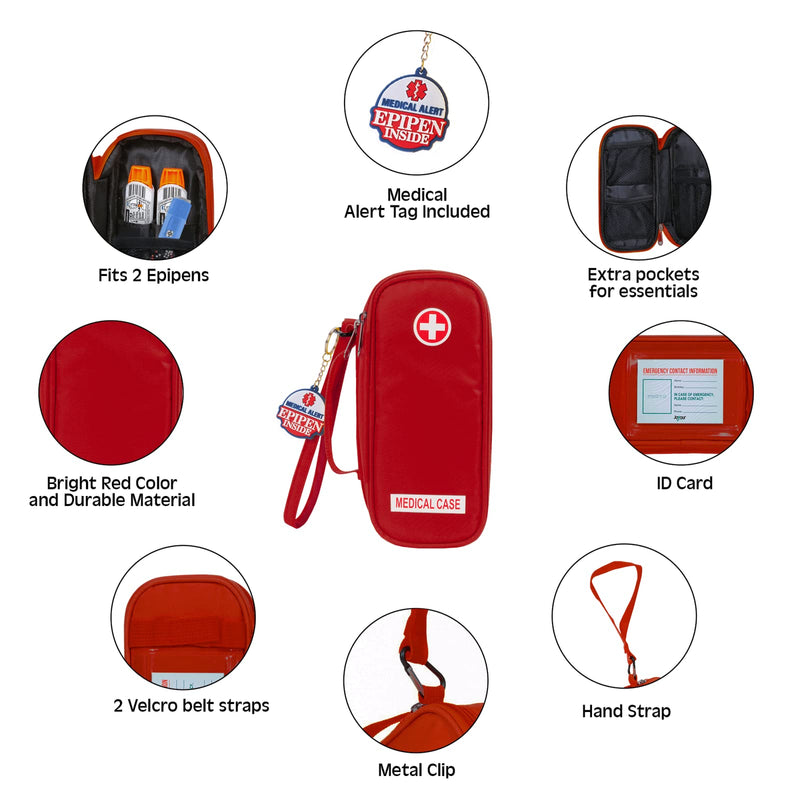 [Australia] - EpiPen Medical Carrying Case Insulated, Travel Medication Organizer Bag Emergency Medical Pouch, Fits 2 EpiPens, Asthma Inhaler, Anti-Histamine, Auvi-Q, Allergy Medicine Essentials, Red 