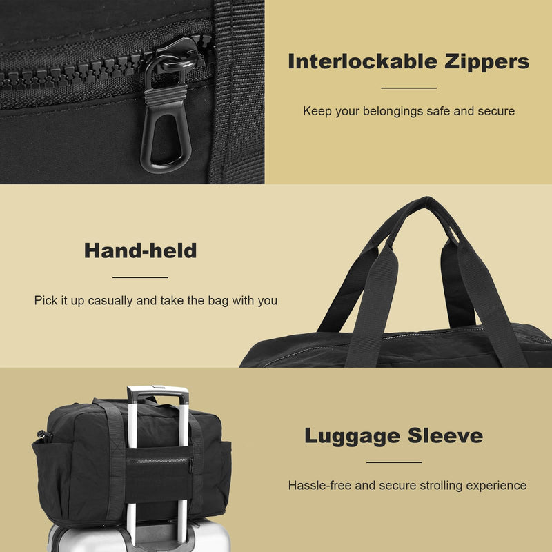 Foldable & Expandable Personal Item Travel Bag,black | Waterproof ,Wet-Dry Compartment ,Luggage Sleeve,Detachable Crossbody Strap,Carry on Bag,Weekender Bag for Women,Gym,Overnight Black