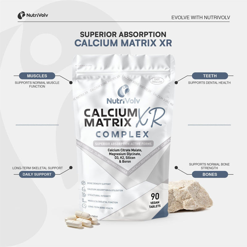 Calcium Matrix XR Complex | 90 Vegan Tablets | Calcium Citrate Malate, Magnesium Bisglycinate, K2 MK-7, D3, Boron & Silicon | Premium Bone & Muscle Support | 30 Days Supply | UK Made | by NutriVolv