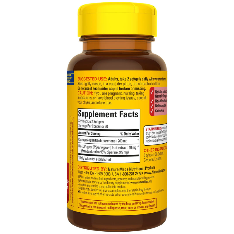[Australia] - Nature Made CoQ10 200mg per Serving with Black Pepper Extract for Enhanced Nutrient Absorption, Heart Health Support, 60 Softgels, 30 Day Supply 