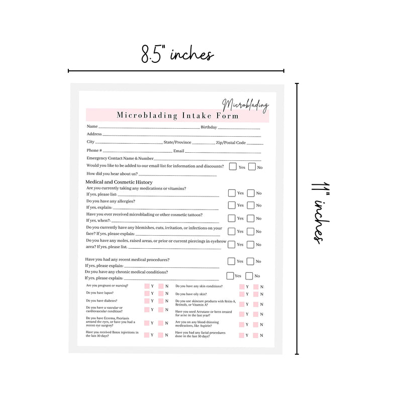 [Australia] - Microblading Intake, Consent, and Aftercare Form | Printed Physical 8.5 x 11" A1 Forms | Clients Signature | White and Pink Design 