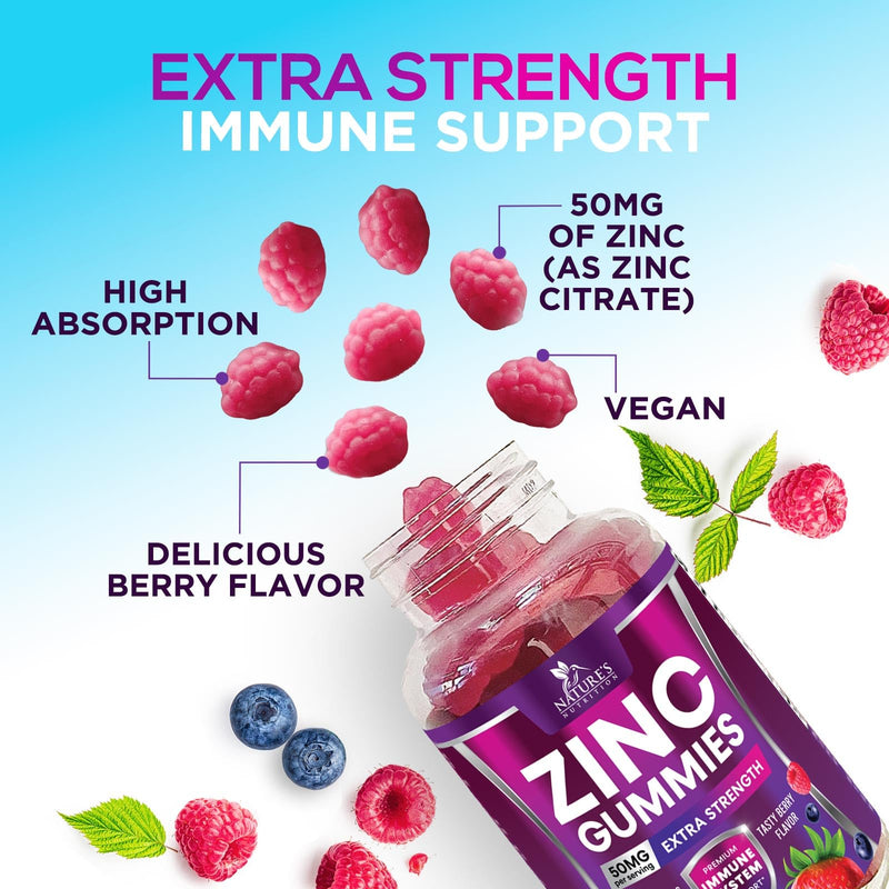 Zinc Gummies - 50mg Zinc Per Serving Immune Skin & Bone Support Health Gummy - Premium Antioxidant Chewable, High Absorption Vegan, Best Supplements Vitamin for Adults, Tasty Berry Flavor, 60 Gummies 60 Count (Pack of 1)