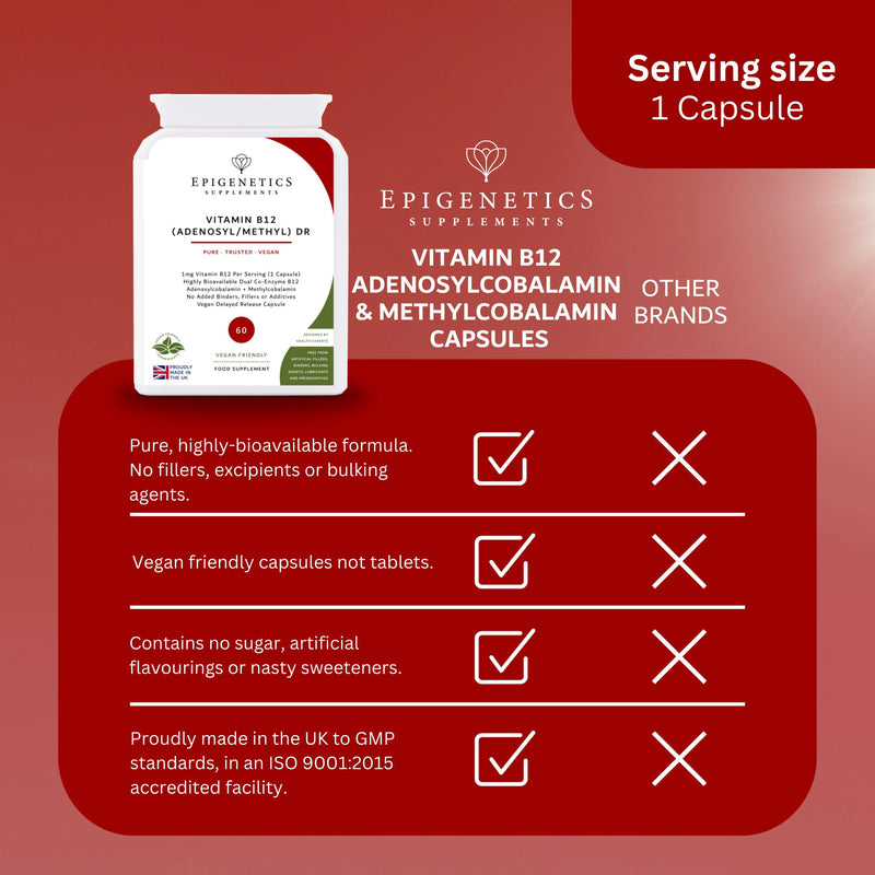 Vitamin B12 Adenosylcobalamin & Methylcobalamin DR | B12 Supplement 1000mcg (1mg) | 60 Vegan Friendly Capsules UK Made | 1 Capsule Daily (2 Month Supply)