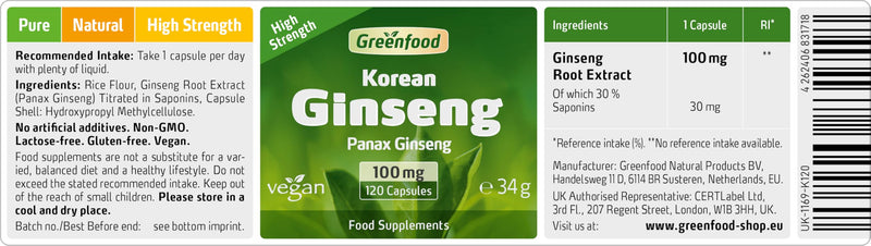 Greenfood Korean Ginseng (red Ginseng), 100 mg, 120 Capsules, high dose - Root Extract with 30% saponins. Without Artificial additives, Without Genetic Engineering. Vegan.