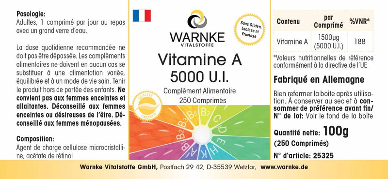 [Australia] - Vitamin A 5000 IU - 1500µg retinol (retinyl acetate) per tablet - 250 tablets - high dosage & vegan | Warnke vital substances - German pharmacy quality 