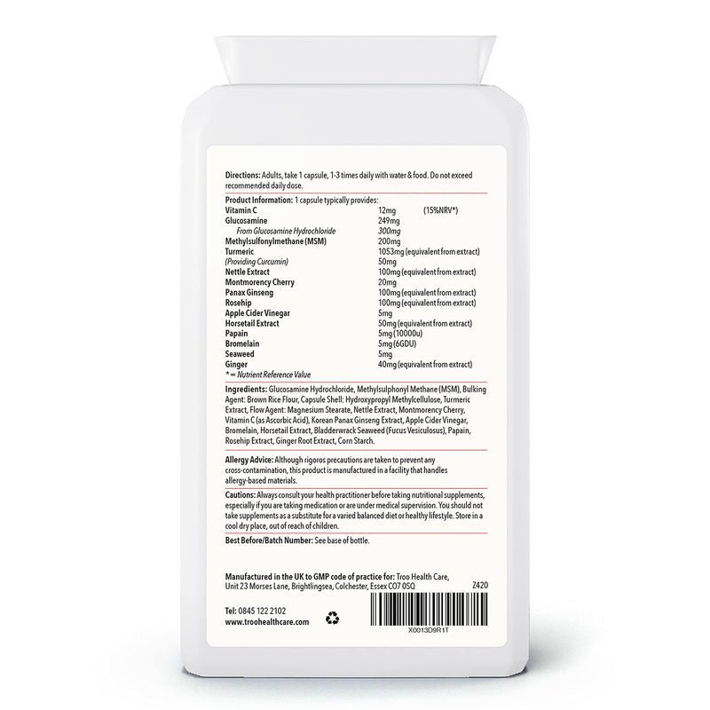 Troo Health Care Vegan Glucosamine Complex Plus 120 Capsules | Plant Based Glucosamine Supplement with MSM, Sour Cherry, Rosehip & Turmeric | UK Manufactured | Quality Guaranteed