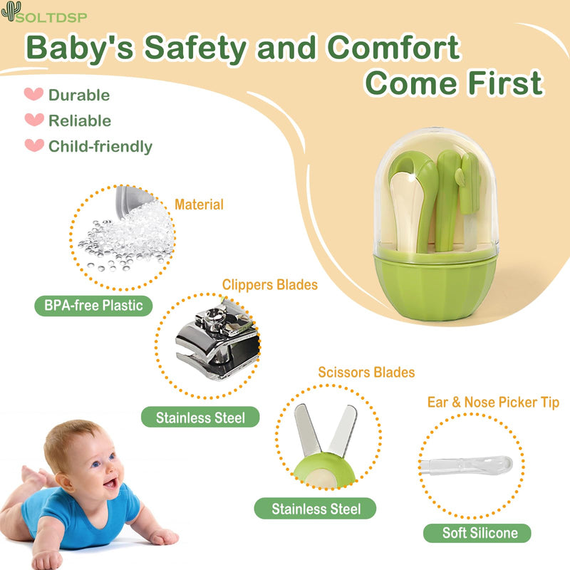 [Australia] - 5-in-1 Baby Nail Kit with Storage Case, Cactus Theme Design Including Baby Nail Clippers, Nail Scissors, Nail File, Tweezers & Nose Picker, Newborn Essentials Must Haves for Baby Shower(Green) Green 