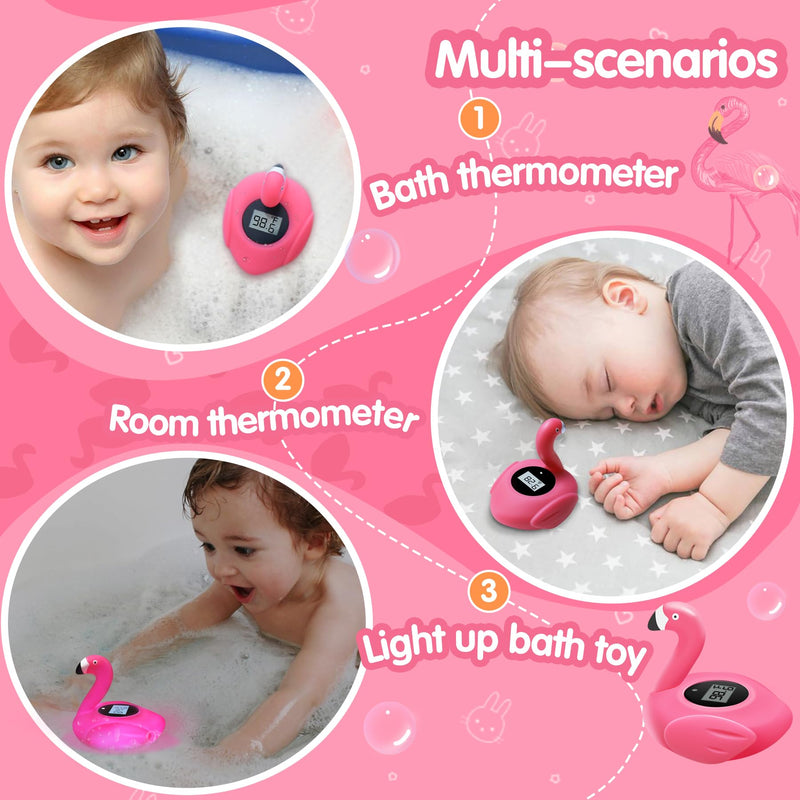 Rechargeable Baby Bath Thermometer Newborn with Light, BPA-Free Flamingo Bath Thermometer Baby Safety, IP68 Waterproof Bathtub Thermometer Floating Bath Toy,Baby Water Temp & Room Thermometer