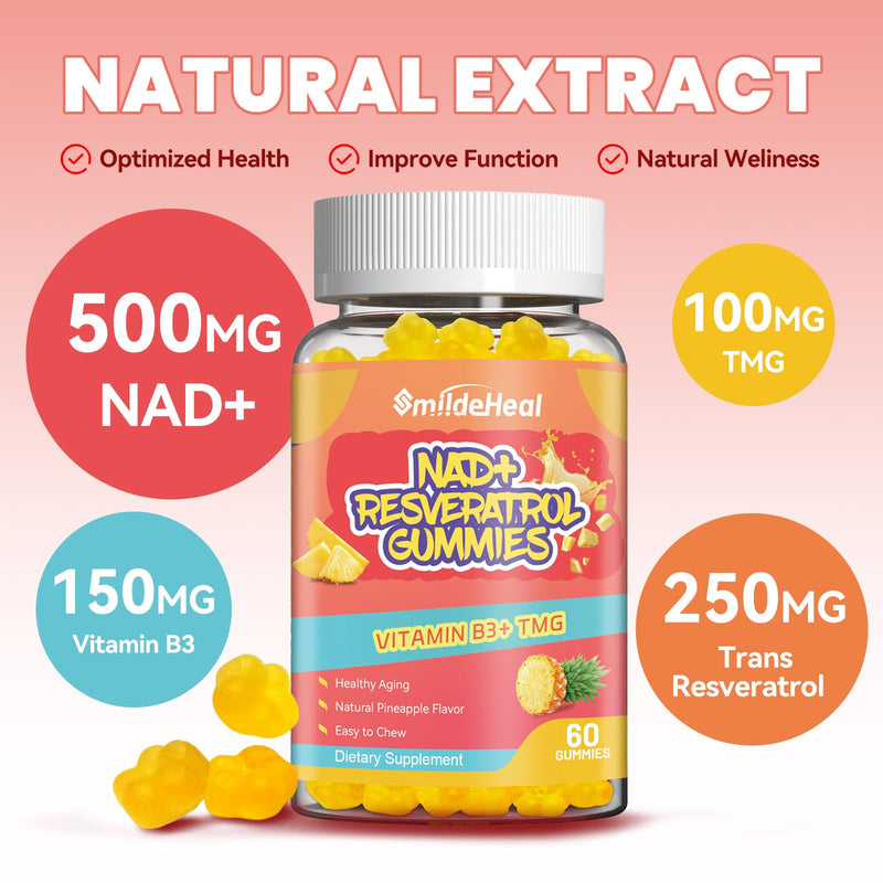 NAD+ Resveratrol Gummies NAD+ Supplement 500mg with Vitamin B3 & TMG – Healthy Aging, Energy & Cellular Health Support – Vegan Friendly, Natural Pectin – 60 Gummies, 30-Day Supply 60 Count (Pack of 1)