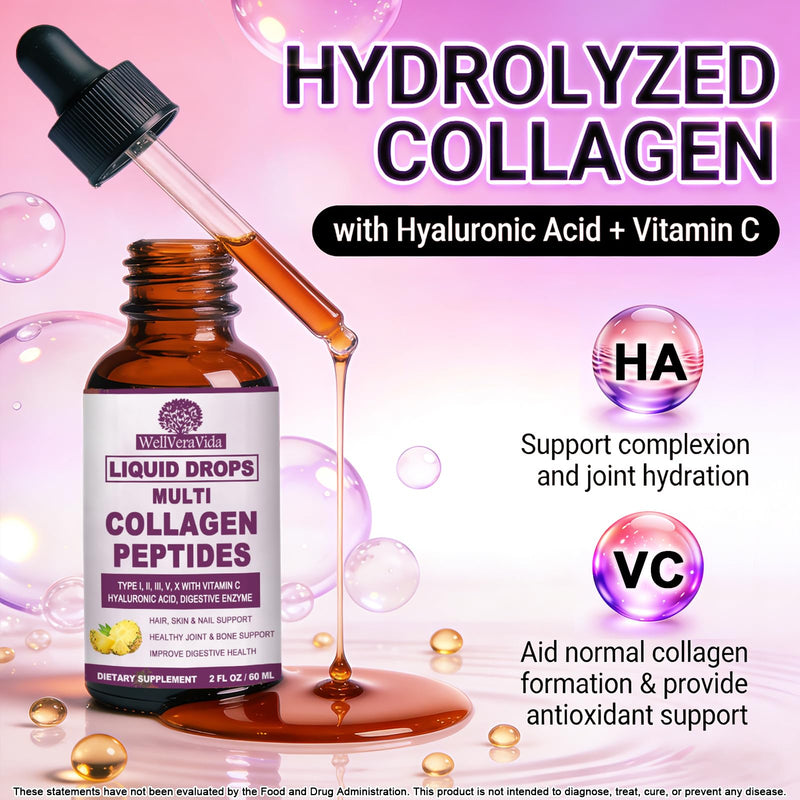 Liquid Collagen for Women & Men, Multi Hydrolyzed Collagen Peptides | Fast Acting Hidrolizado Collagen Types I, II, III, V, X, Proteins w. Hyaluronic Acid, Biotin Vitamin C for Hair, Skin & Nails Pineapple 2 Fl/Oz (Pack of 1)