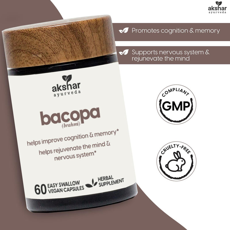 [Australia] - AKSHAR Ayurveda - Bacopa 500mg Brahmi Supplement, Rejuvenate System, Bacopa Pills to Support Cognitive Function for Adults, Vegan Cruelty Free Bacopa Monnieri (60 Count) 